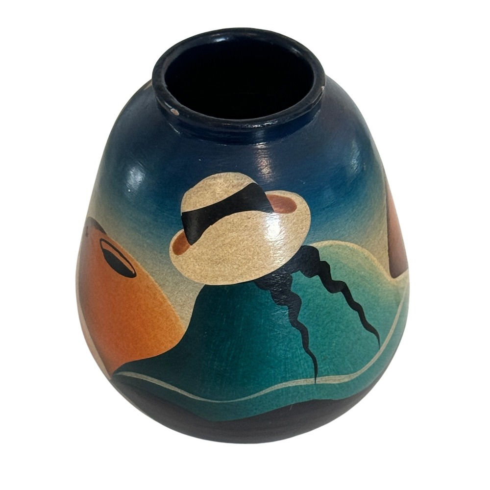 Hand Painted Studio Pottery Vase Moni T Signed Blue Multi Folk Art Small Vintage